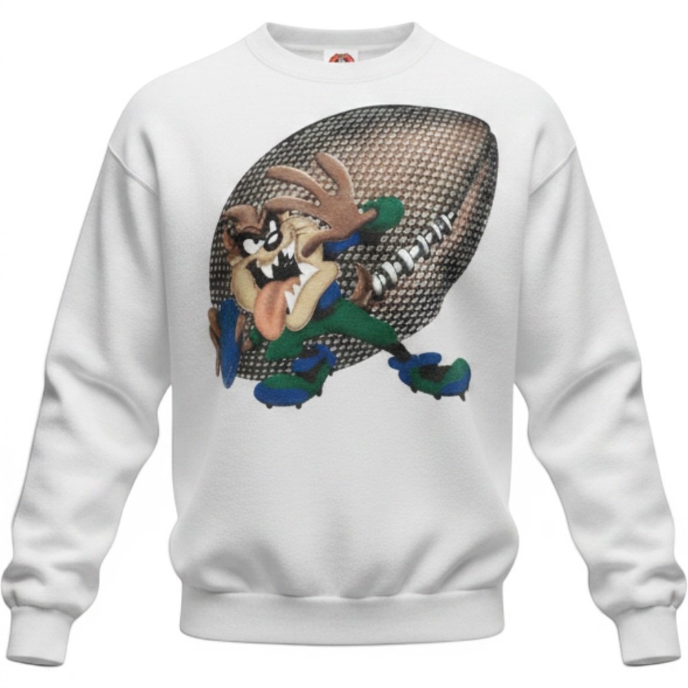 Looney Tunes Taz Tasmanian Devil Football Crewneck Sweater Vintage 90s White